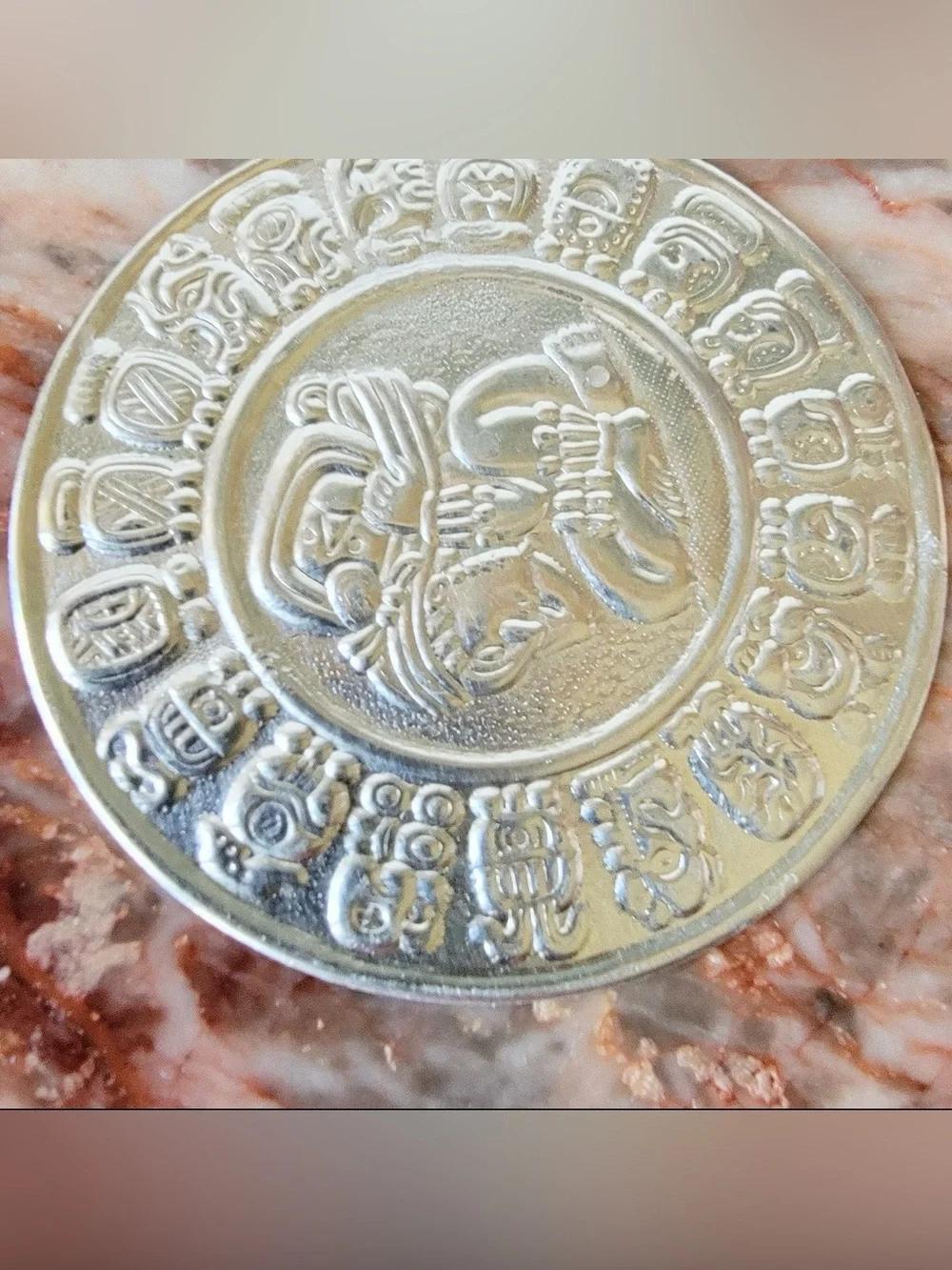 Chichen Itza Pink Marble Coasters W/ Silver Vintage Spanish Set of Five 5